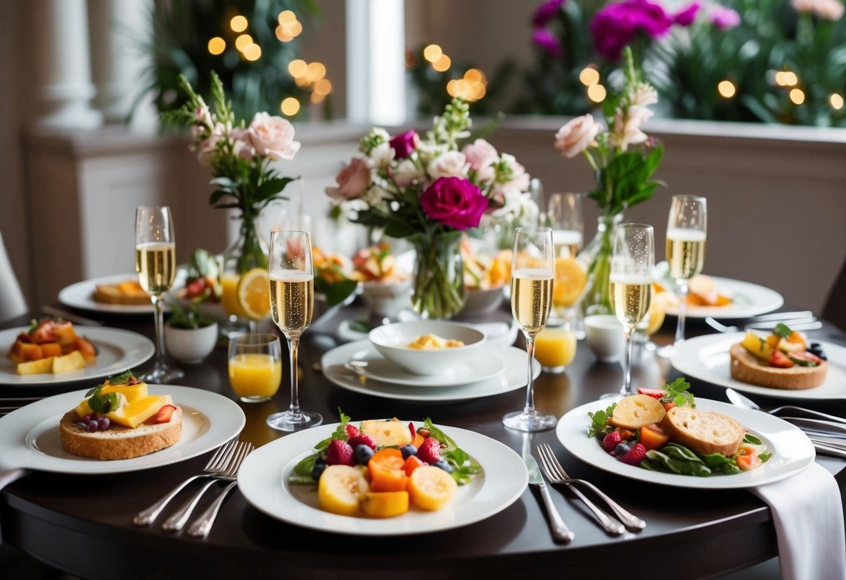 A table set with elegant place settings and a spread of brunch foods, surrounded by floral decorations and sparkling champagne glasses