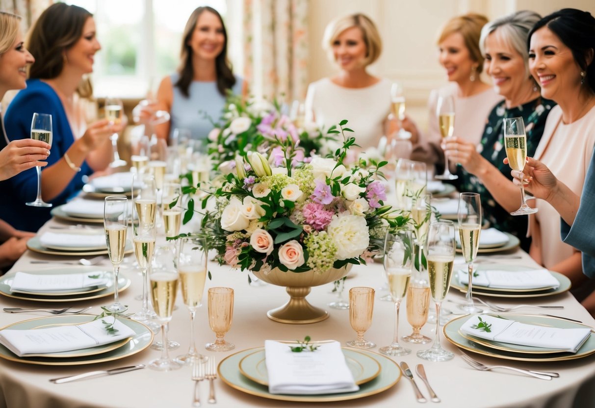 A group of elegantly set tables adorned with floral centerpieces and delicate place settings, surrounded by happy chatter and the clinking of champagne glasses