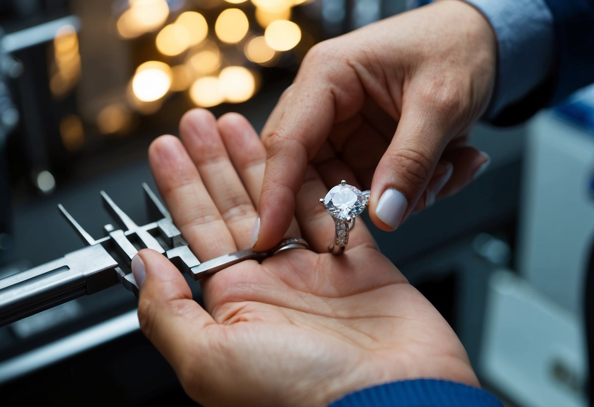A jeweler's hand holds a diamond ring, checking its fit against a sizing tool