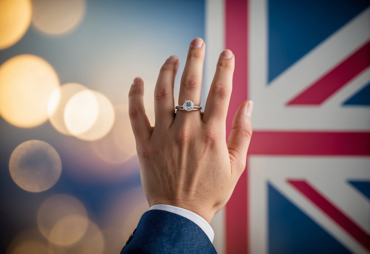 A British man's hand holding a wedding ring, with a subtle hint of a traditional UK backdrop