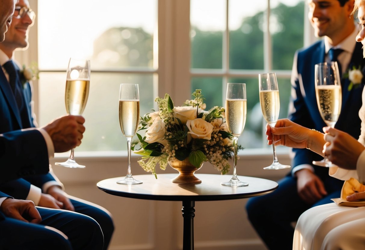 Guests gather for a morning wedding tradition. A small table is set with champagne flutes and a beautiful floral centerpiece. The morning light streams in through the window, creating a warm and inviting atmosphere