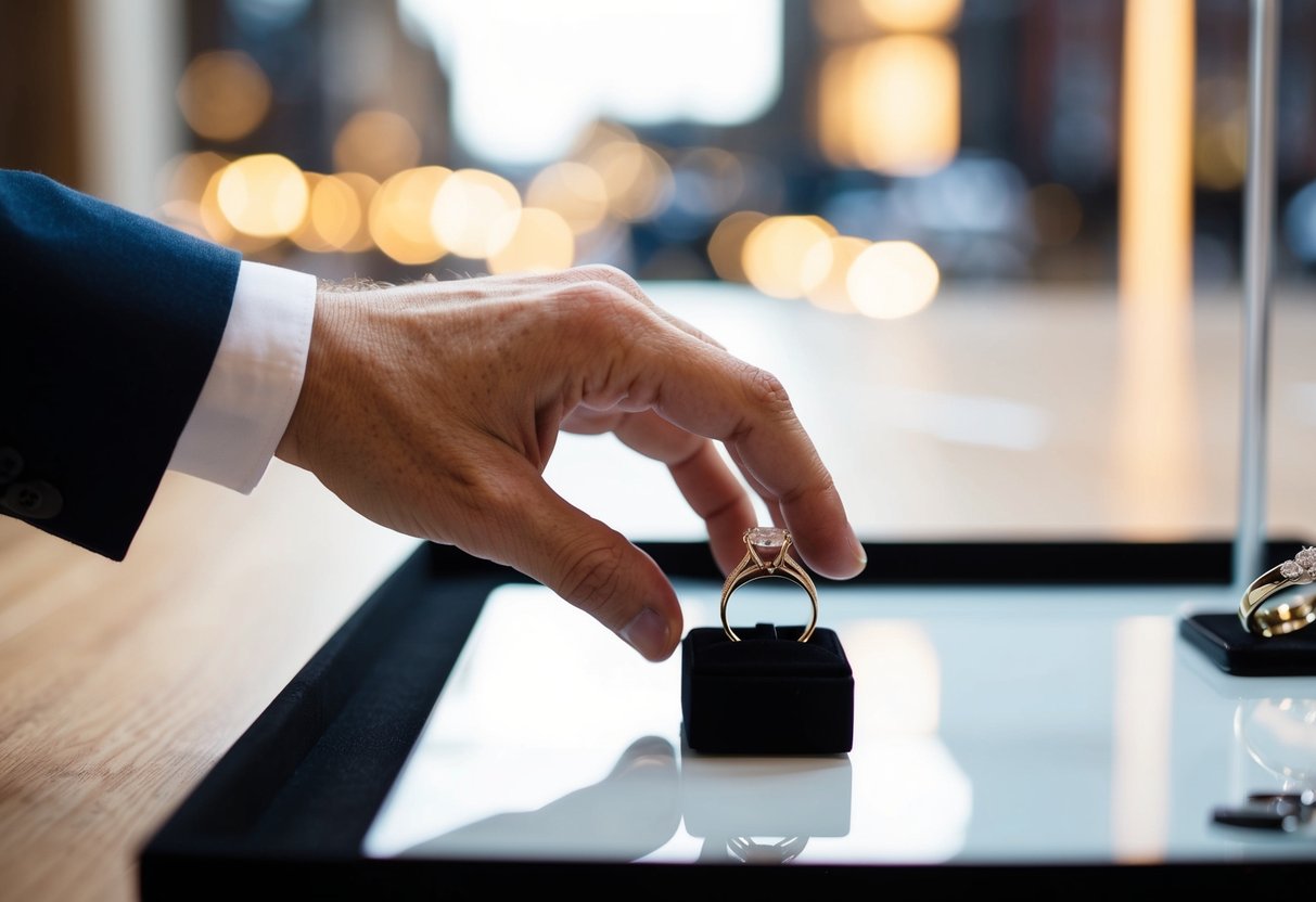 A British man's hand reaching for a wedding ring on a display tray