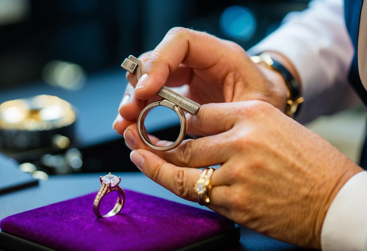 A jeweler's hand holding a ring sizer tool, measuring the size of an engagement ring on a velvet pad