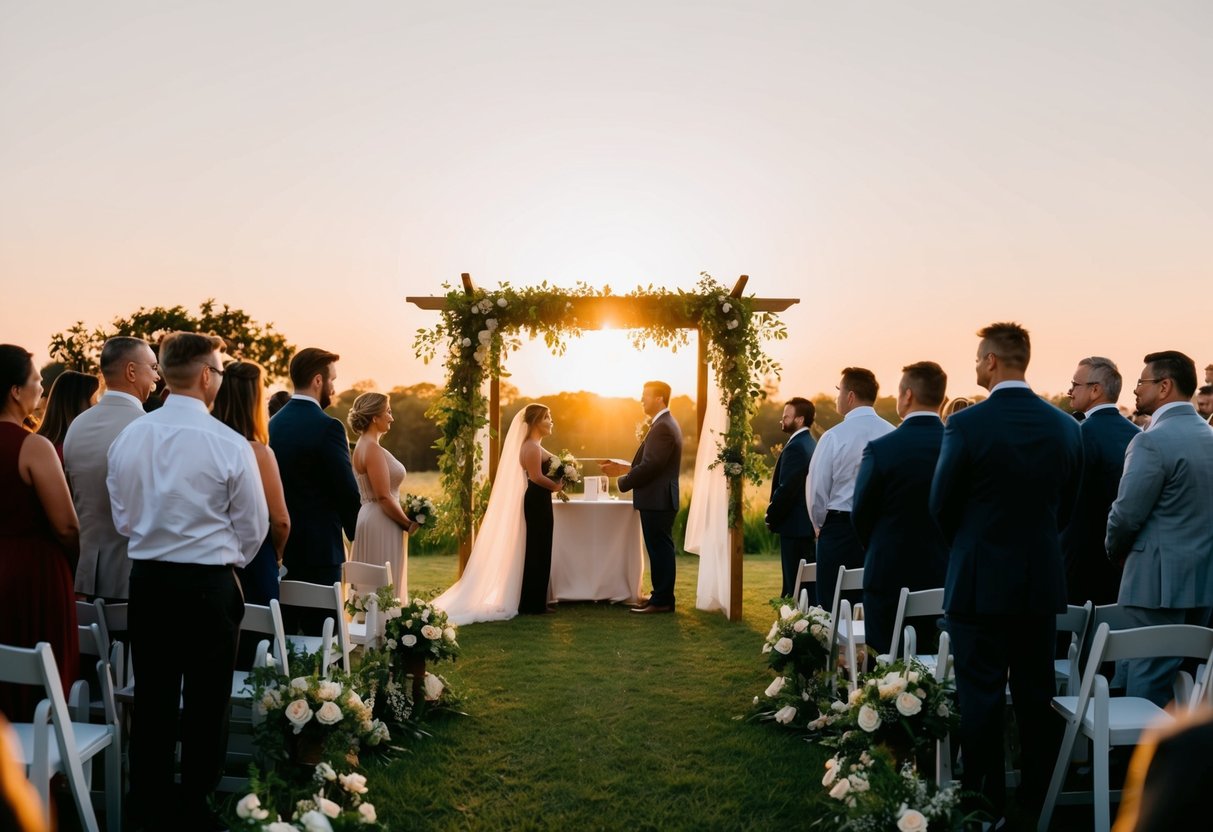 A soft, golden sunrise illuminates an outdoor wedding ceremony. A canopy of flowers and greenery frames a simple altar, while guests gather in anticipation
