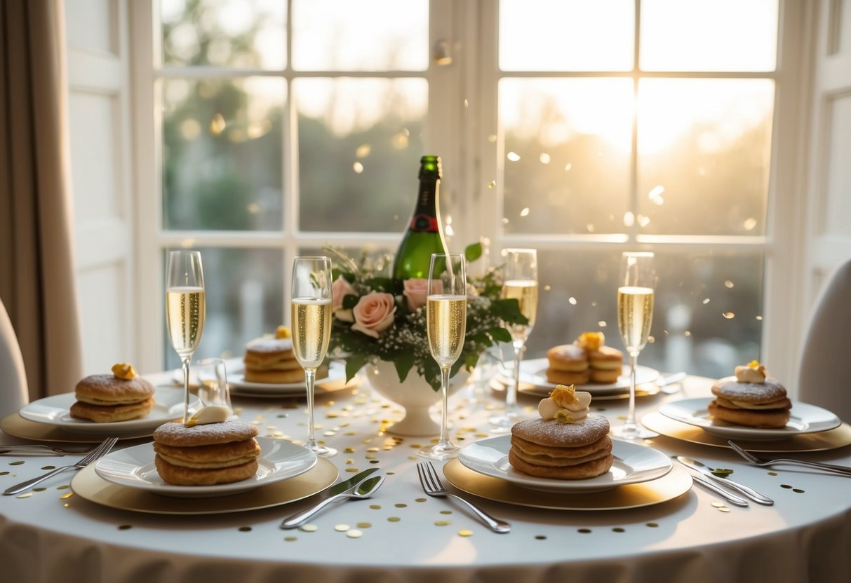A table set with a elegant breakfast spread, surrounded by empty champagne glasses and scattered confetti. A soft morning light filters through the window, casting a warm glow over the scene