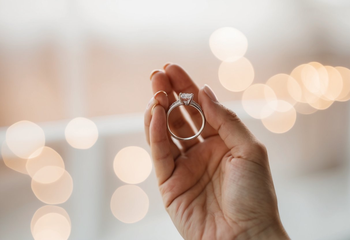 A hand holding a 1.5 mm band engagement ring against a soft, blurred background
