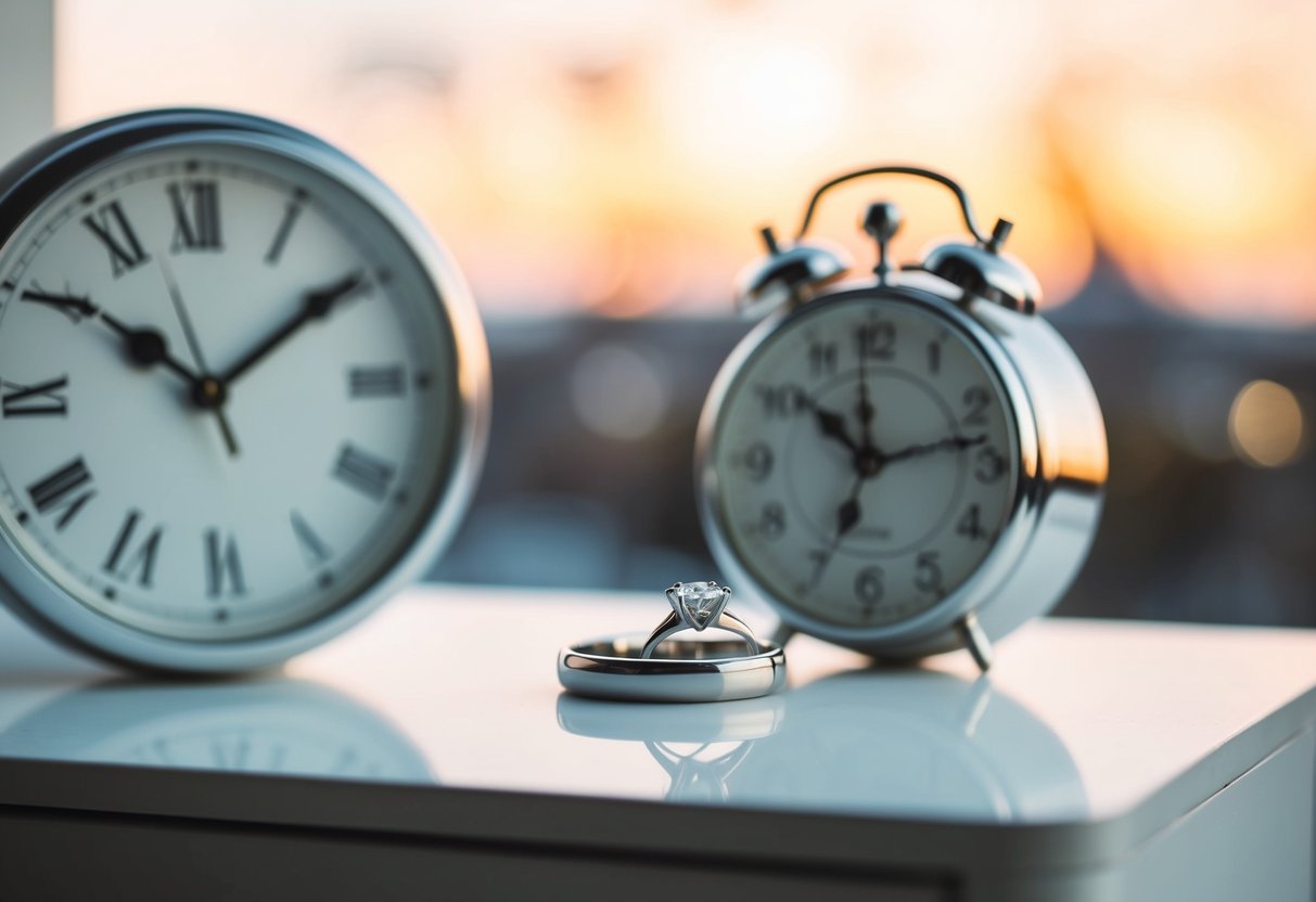 A wedding ring resting on a bedside table next to a clock