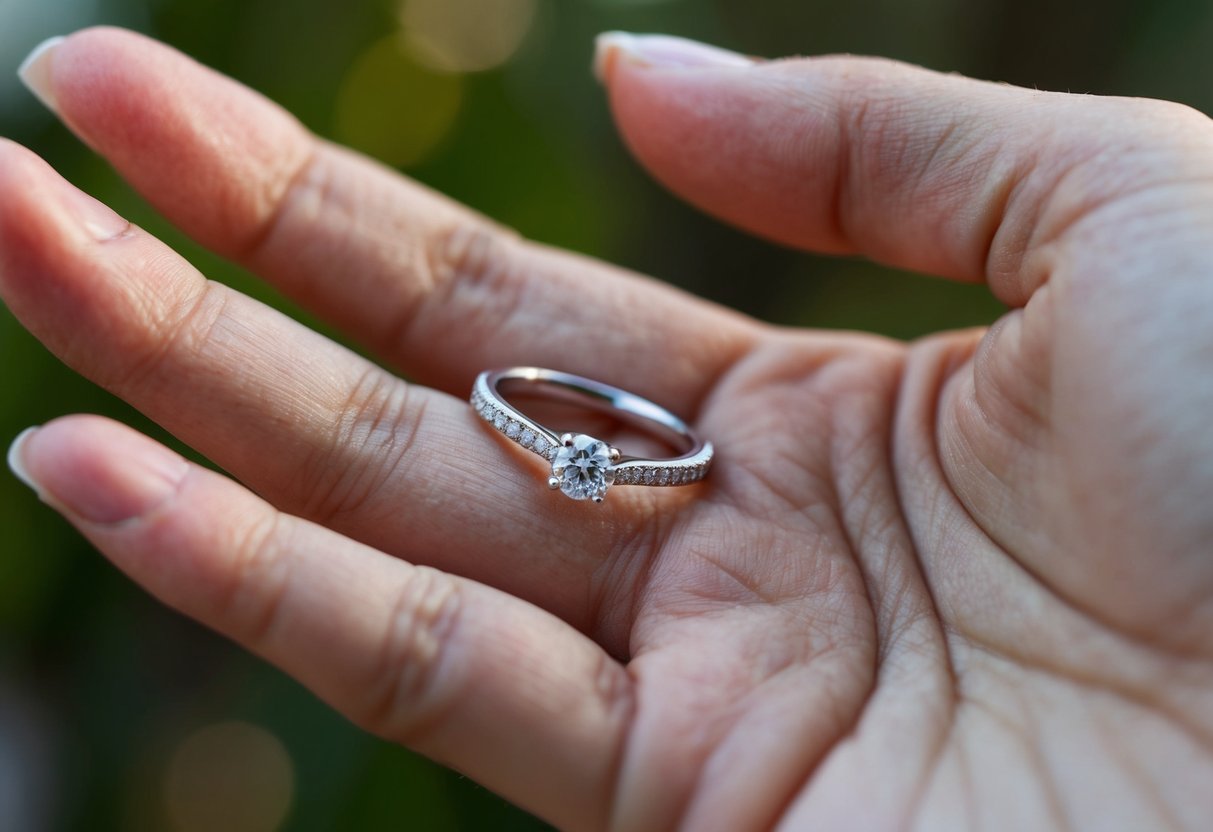 A delicate hand holds a slender engagement ring with a 1.5 mm band, showcasing intricate details and a sparkling gemstone