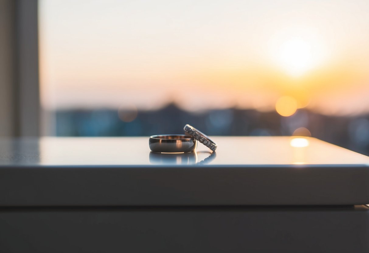 A wedding ring resting on a bedside table, illuminated by soft morning light