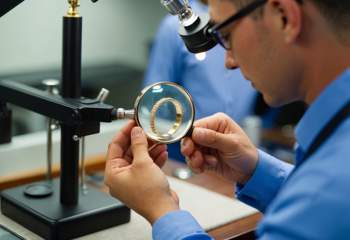 A jeweler examines a 1.5 mm band under a magnifying glass, comparing it to thicker bands for durability