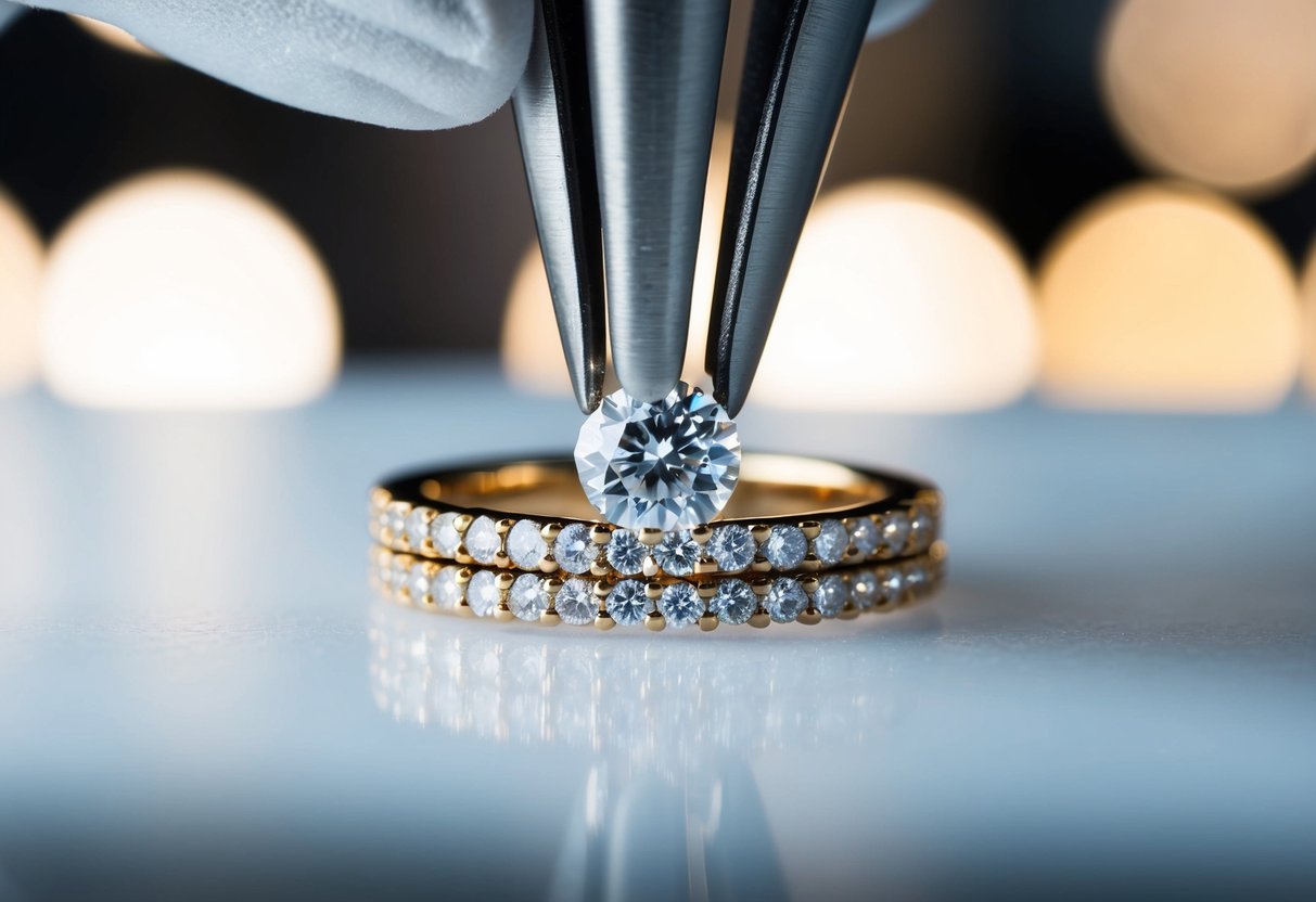 A close-up of a diamond being set into a 1.5 mm band for an engagement ring, with focus on the intricate detail of the setting process