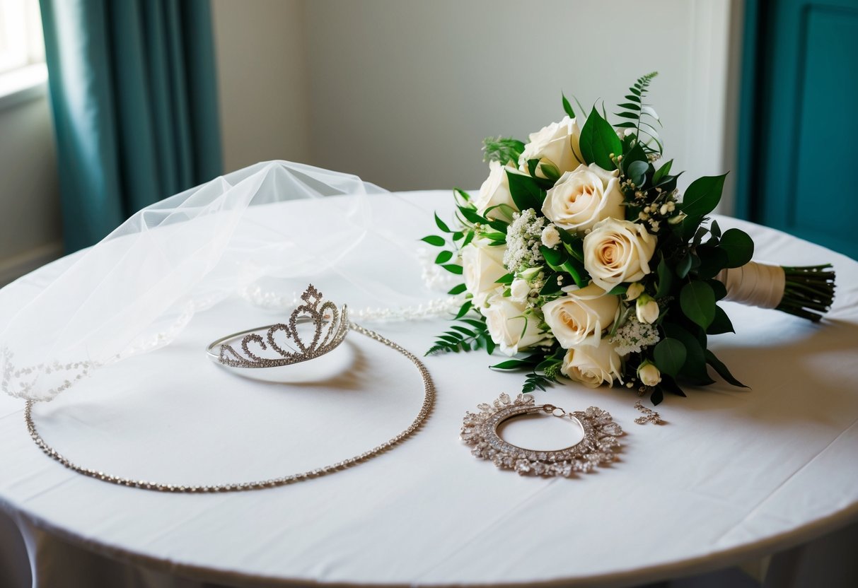 A bridal ensemble laid out on a table, including a veil, tiara, bouquet, and jewelry