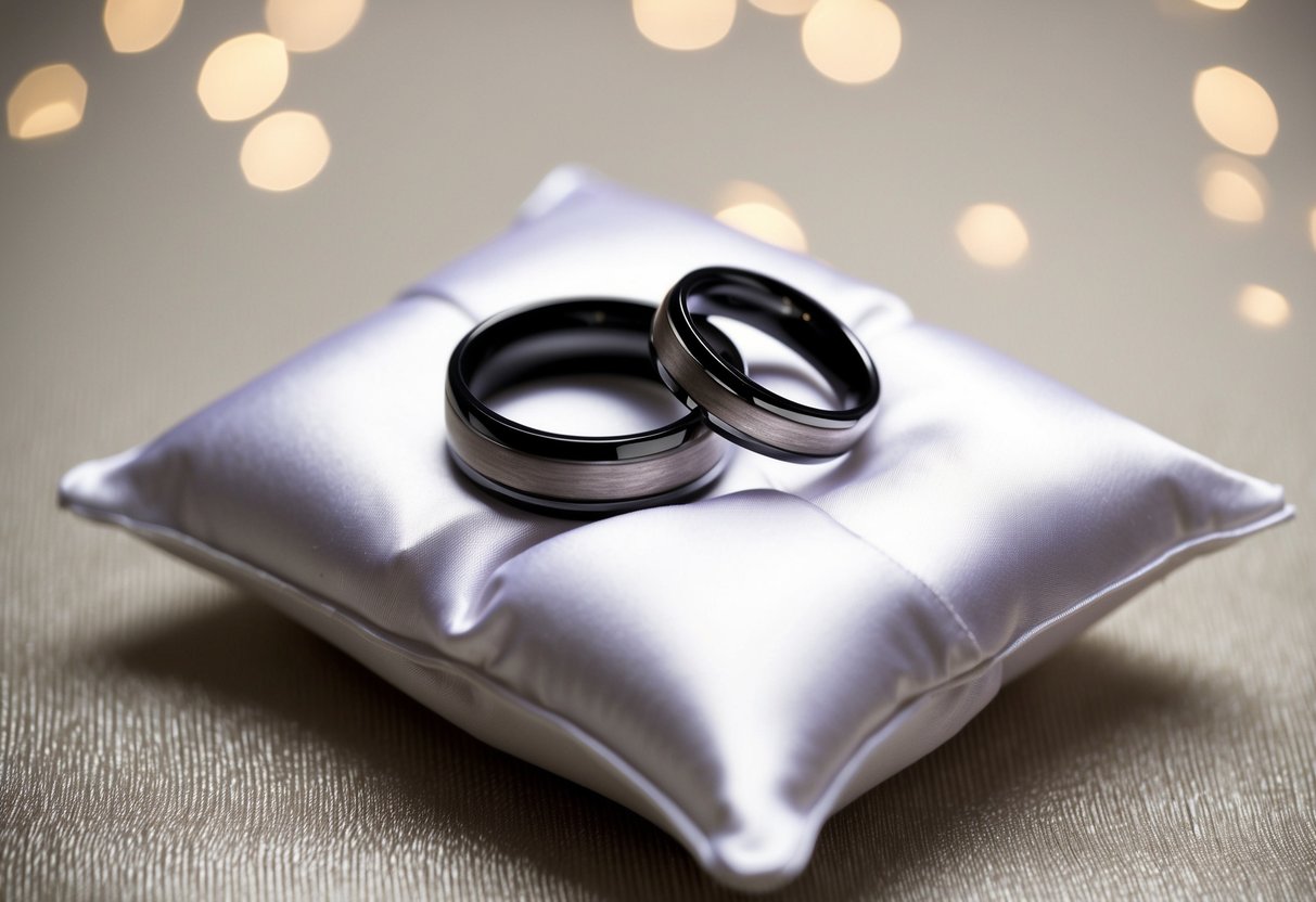 Two wedding bands rest on a white satin pillow, one slightly overlapping the other