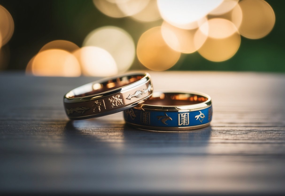 Two wedding bands, one with cultural symbols, rest on a smooth, wooden surface