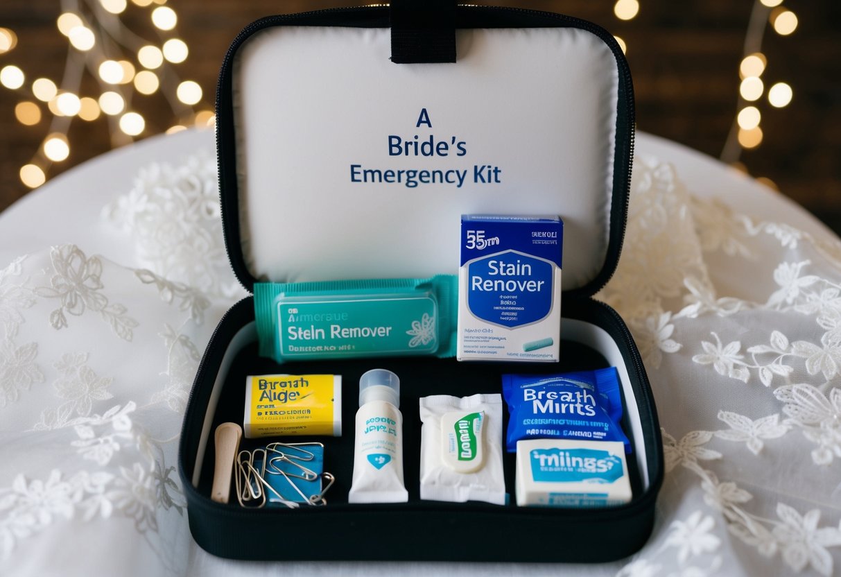 A bride's emergency kit: safety pins, sewing kit, stain remover, band-aids, breath mints, and tissues