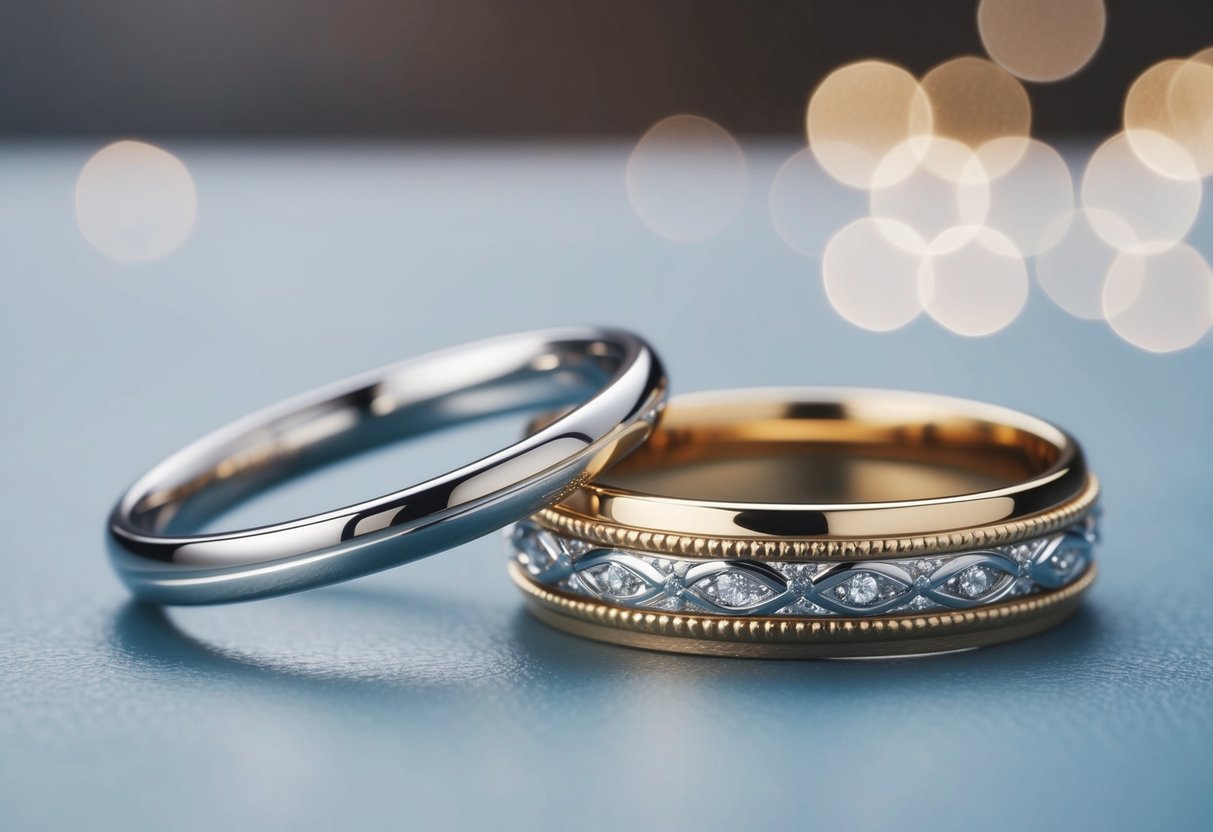 Two wedding bands, one with a simple design and the other with intricate details, resting on a smooth surface