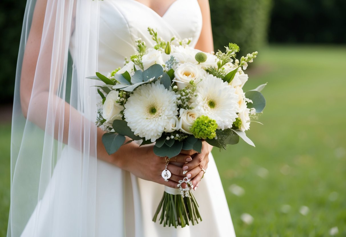 A bride's bouquet of flowers, a veil, and a lucky charm tucked into her dress for good luck on her wedding day