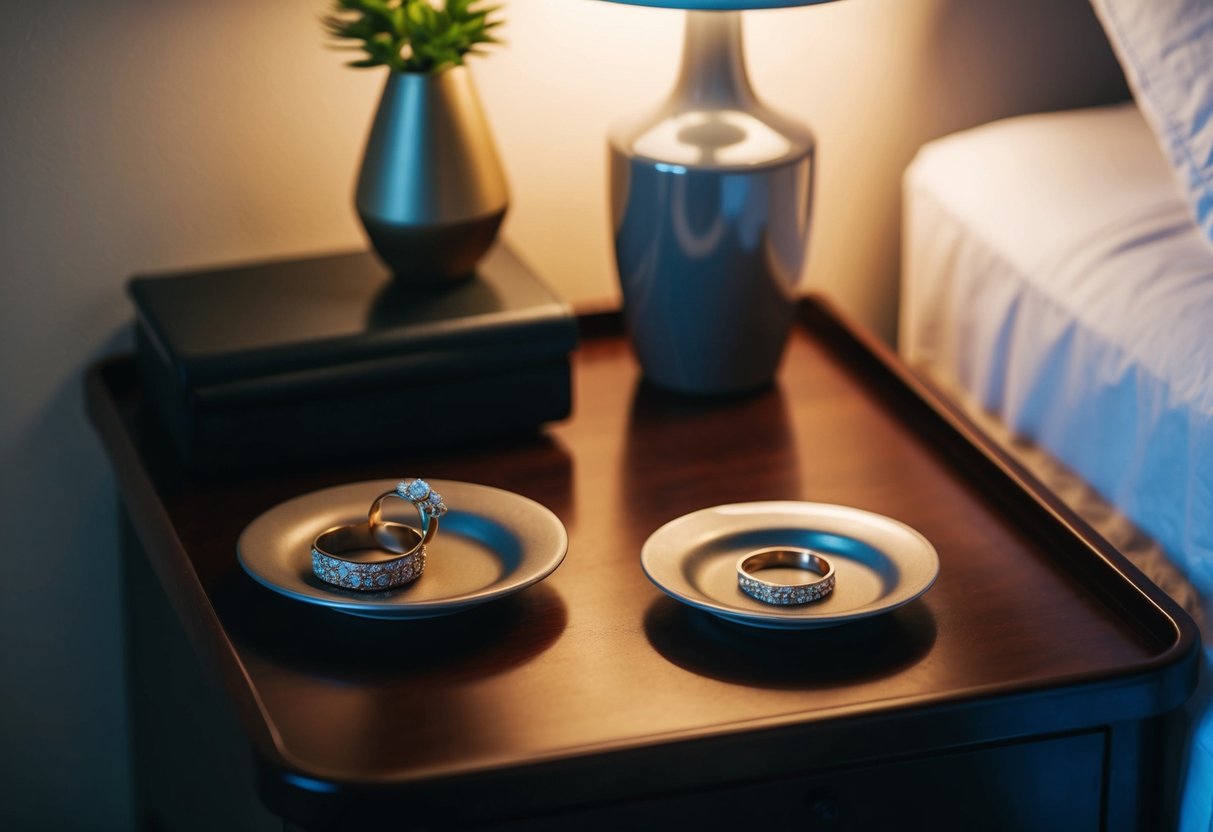 A cluttered nightstand with two empty ring dishes