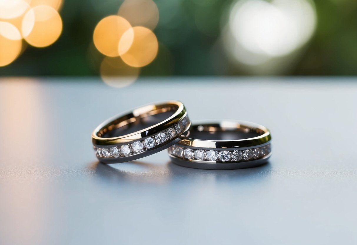 Two wedding ring sets on a flat surface, one with the band on top and the other with the band on the bottom