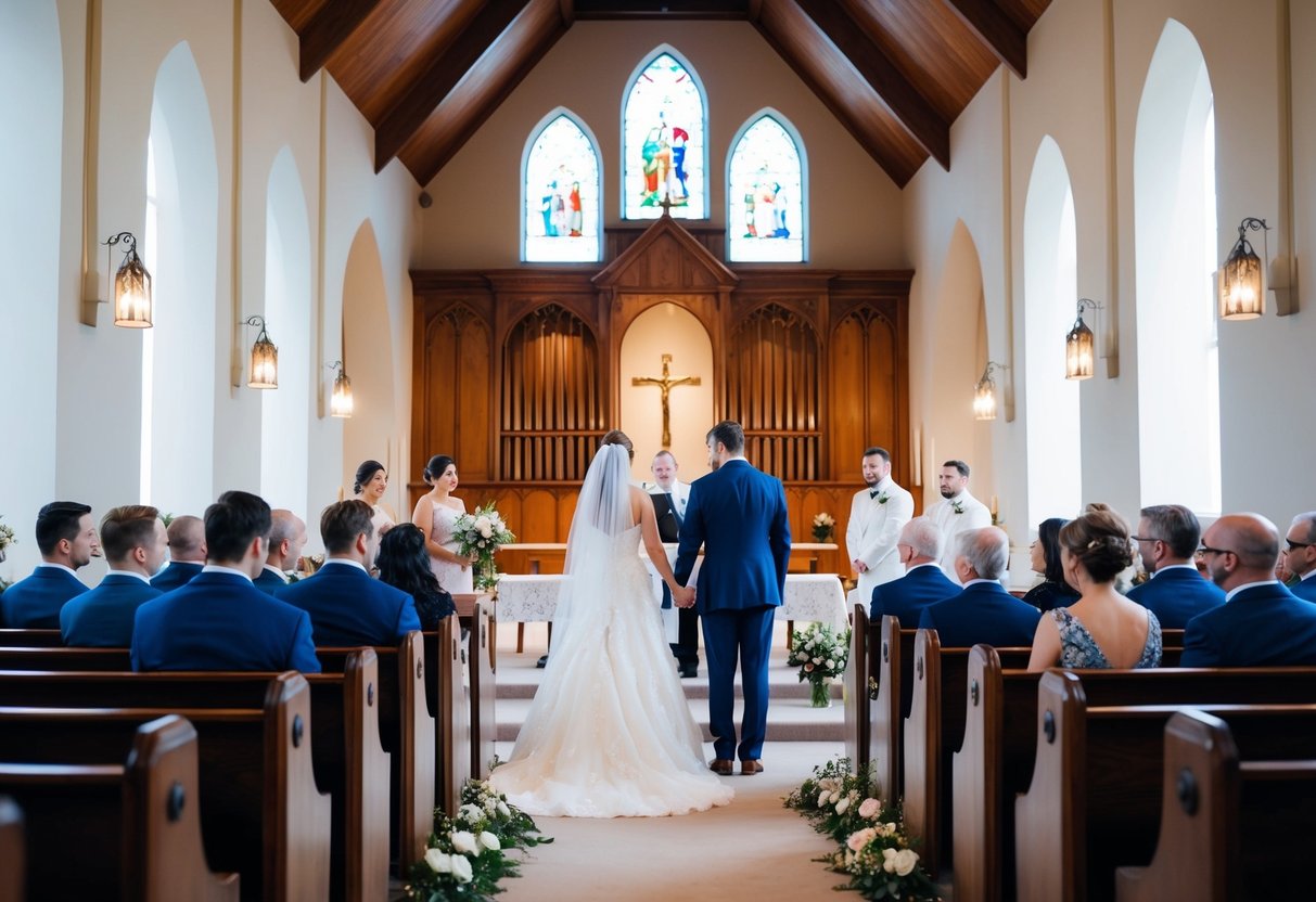 A wedding ceremony with an empty church pew and a couple standing at the altar