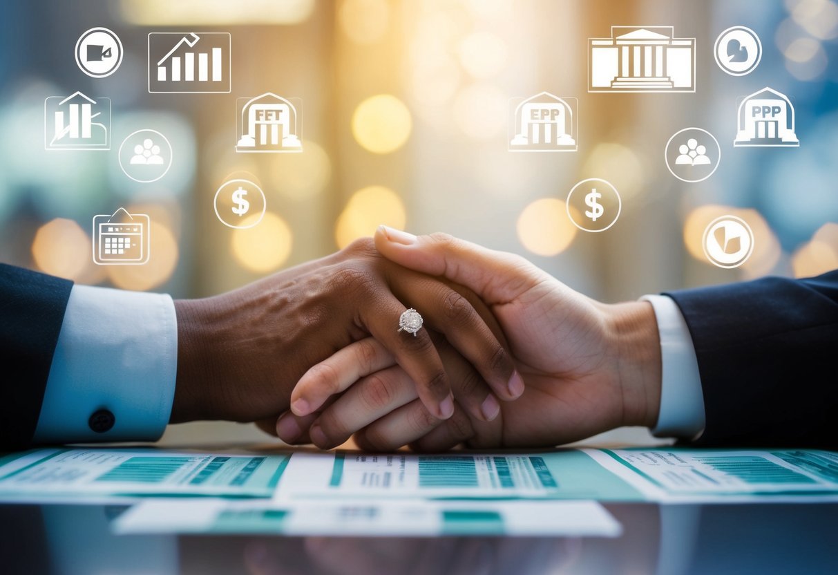 A couple's hands resting on a table, one with a ring and the other without, surrounded by financial and social symbols