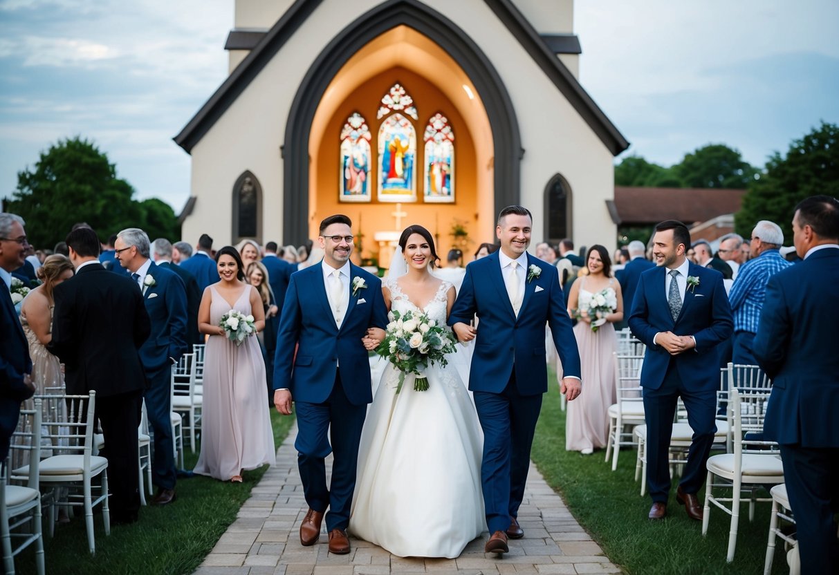 Guests walking past a church with a wedding ceremony inside, while others gather at the reception venue