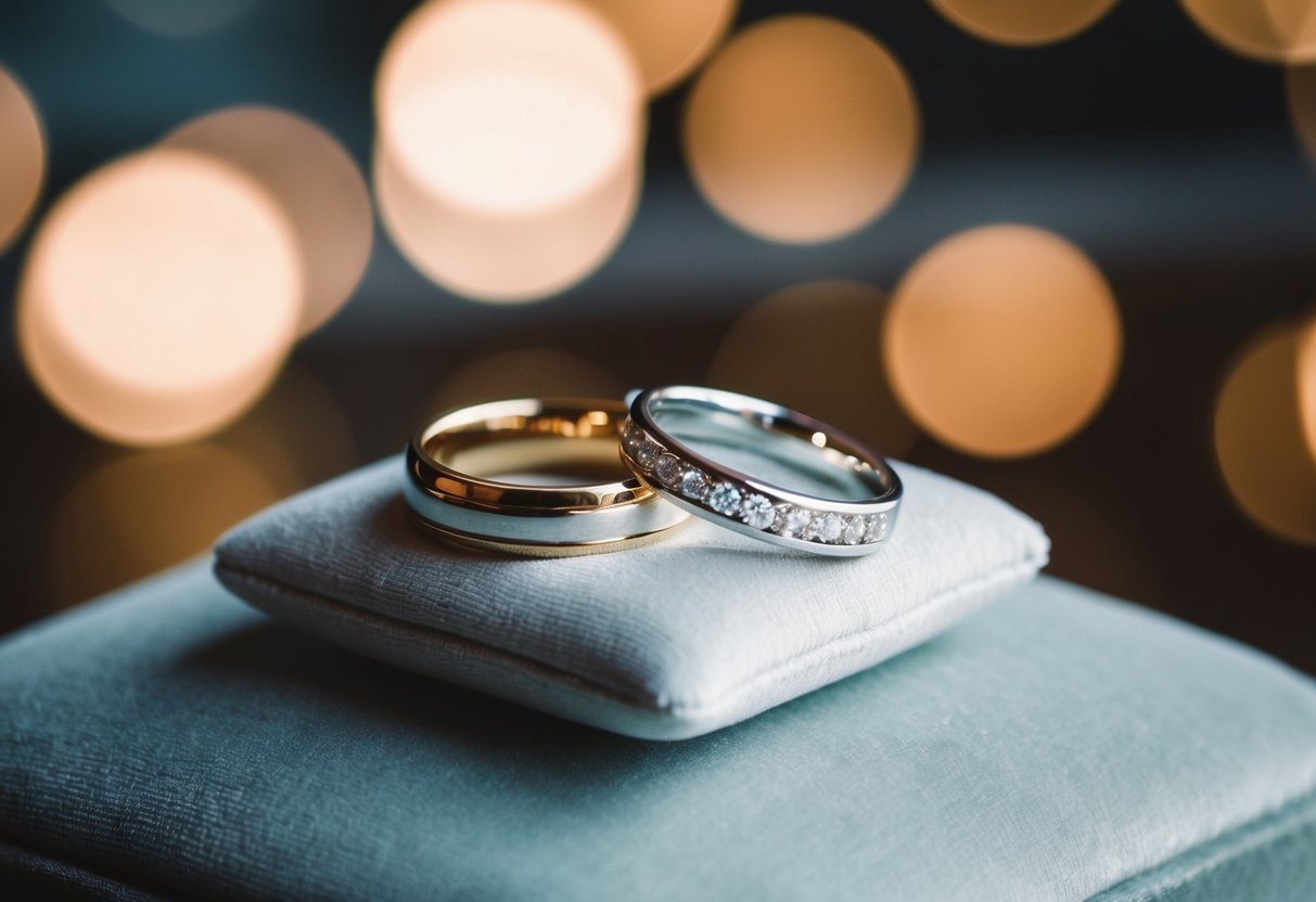 Two elegant wedding rings resting on a soft velvet cushion