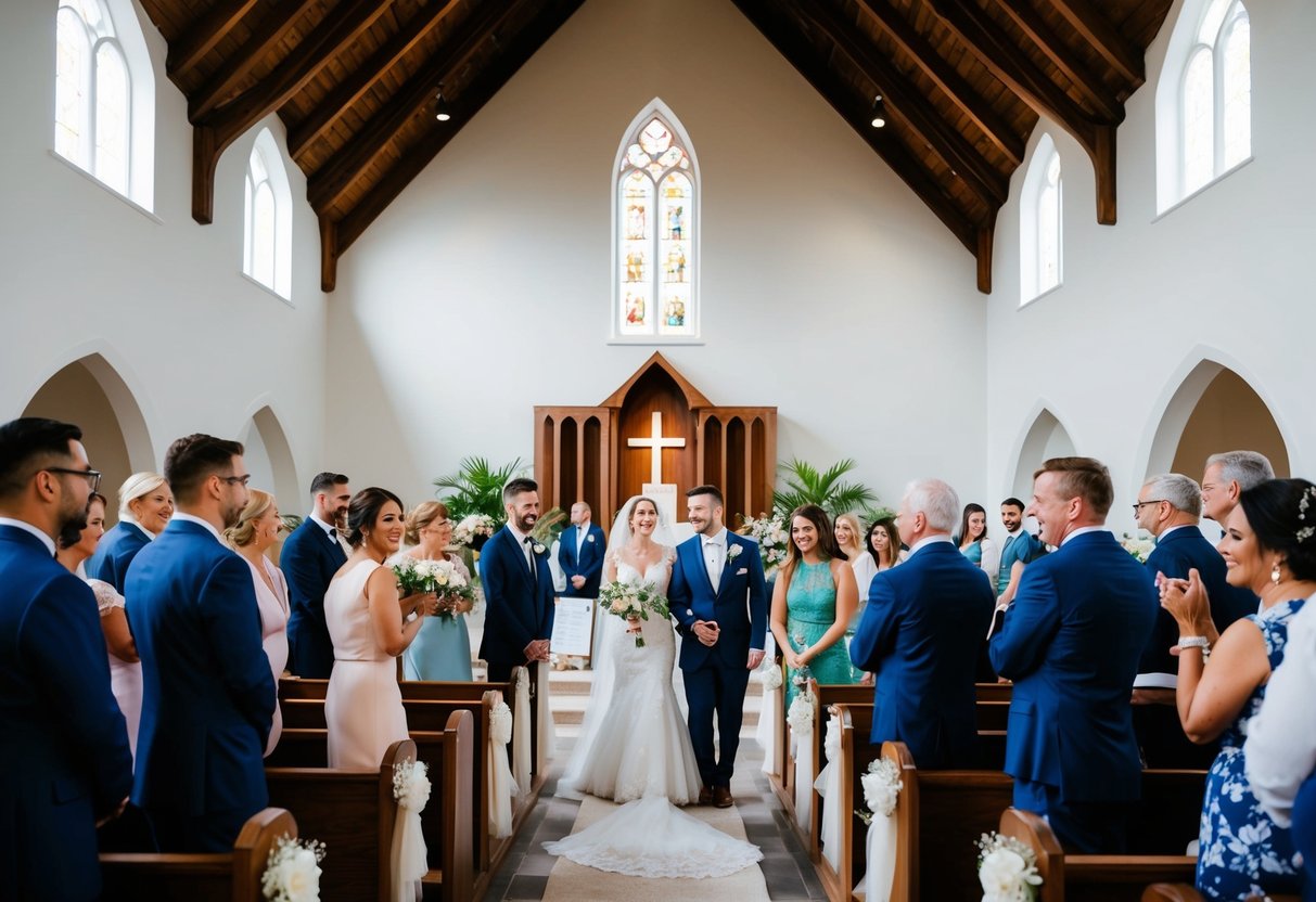 A wedding ceremony with an empty church, while guests gather outside, chatting and laughing