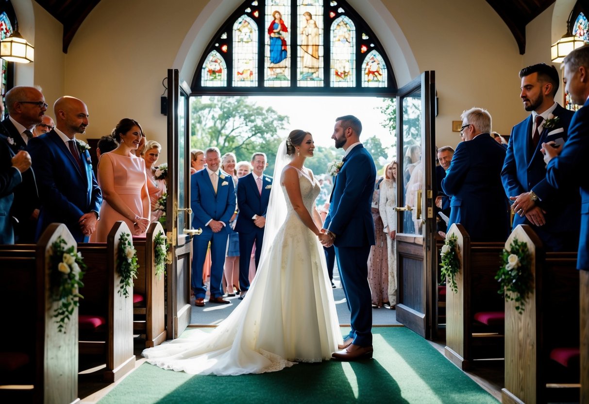 A bride and groom stand at the church entrance, while guests gather inside. The sun shines through the stained glass windows as they contemplate their decision