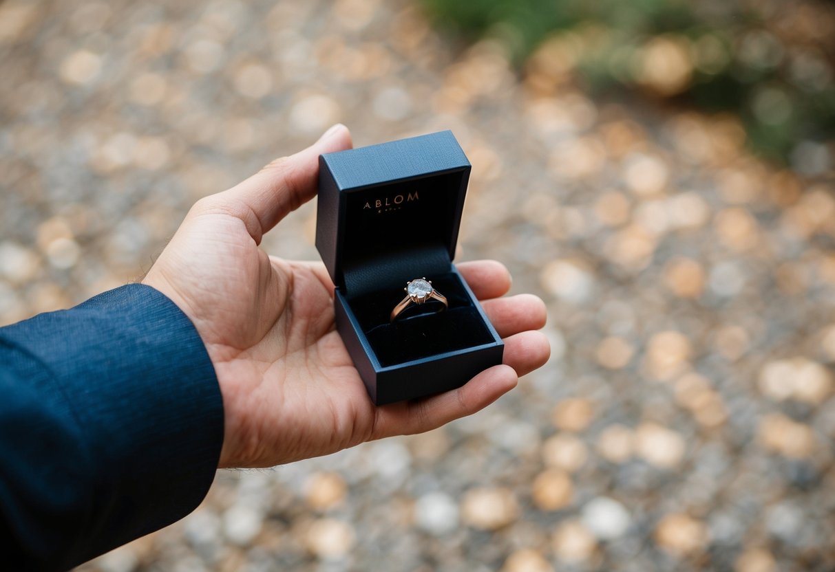 A man's hand holding a ring box open, with a ring inside