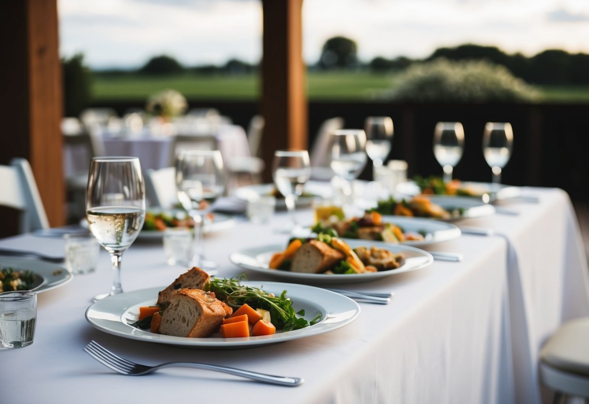 A table with leftover food and empty plates after a wedding
