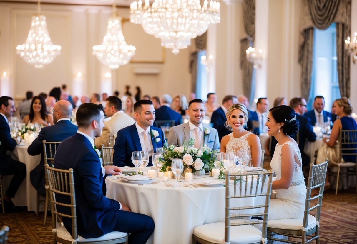 Guests seated at elegantly decorated tables, enjoying a post-wedding meal in a grand reception hall with sparkling chandeliers and floral centerpieces