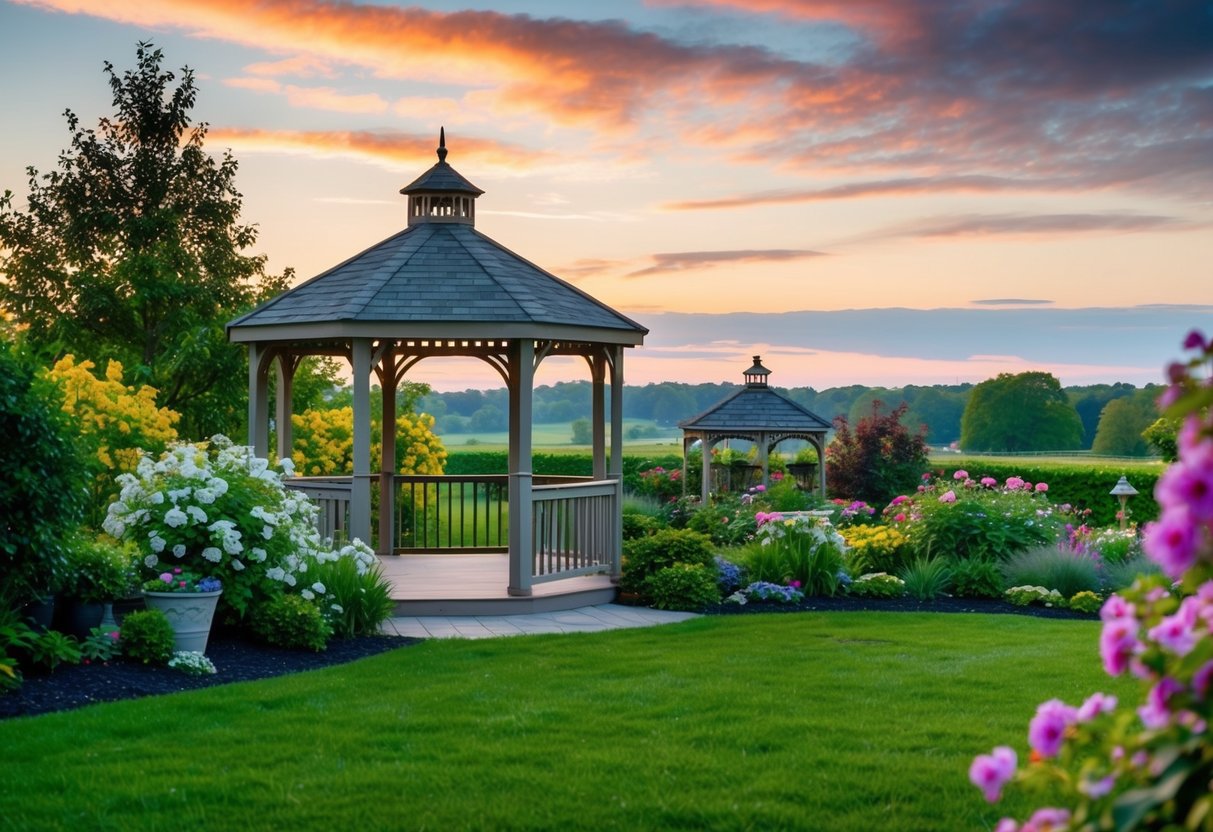 A serene outdoor garden with blooming flowers and a gazebo, set against a picturesque sunset