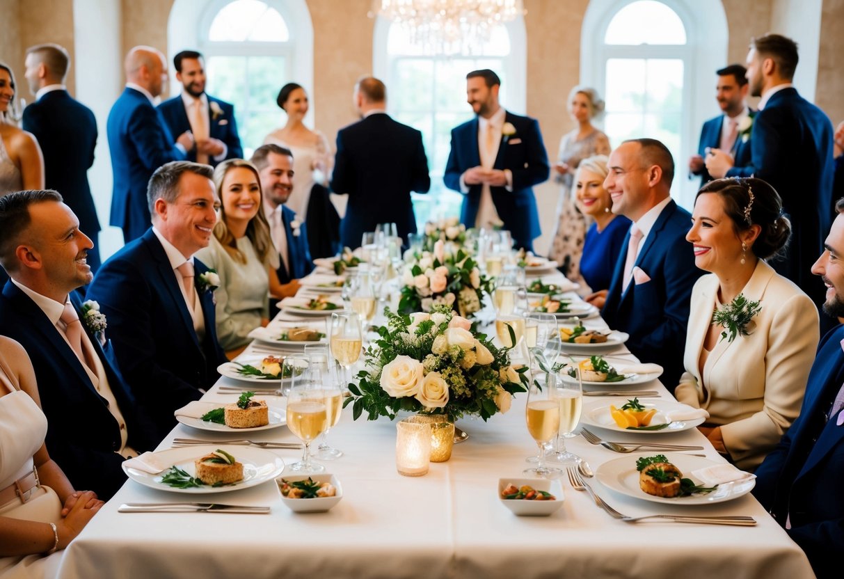 A table set with elegant place settings and a variety of dishes, surrounded by happy guests chatting and enjoying the post-wedding meal