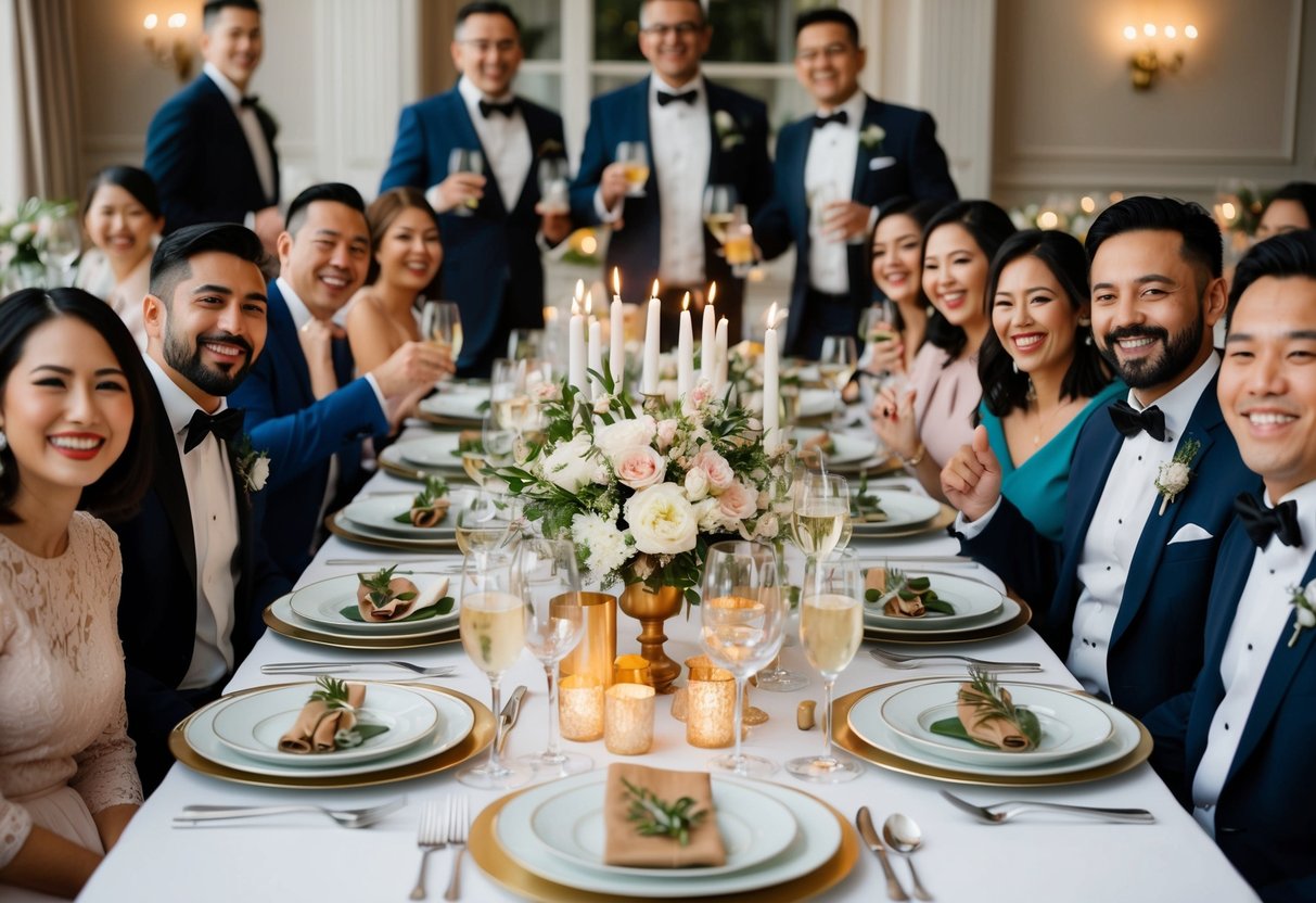 A table set with elegant dishes and drinks, adorned with flowers and candles, surrounded by joyful guests in formal attire
