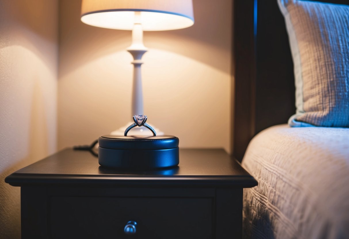 A bedside table with a wedding ring resting on top, surrounded by a soft glow from a nearby lamp