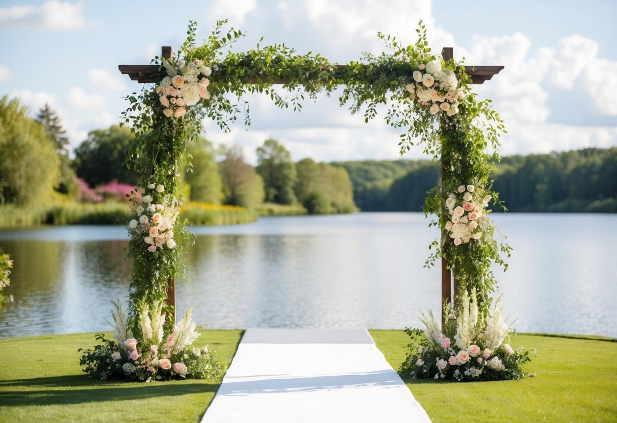 A beautiful outdoor wedding setting with a serene lake, lush greenery, and colorful flowers, creating a picturesque backdrop for wedding photos