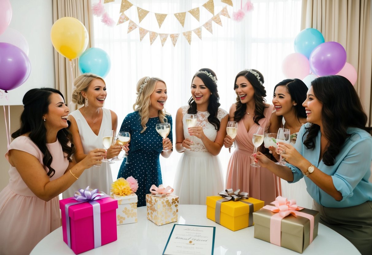 A group of women celebrating at a bridal shower with gifts and decorations, while the wedding invitation sits untouched on the table