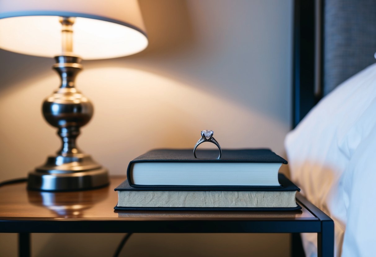 A bedside table with a wedding ring placed on top, next to a lamp and a book