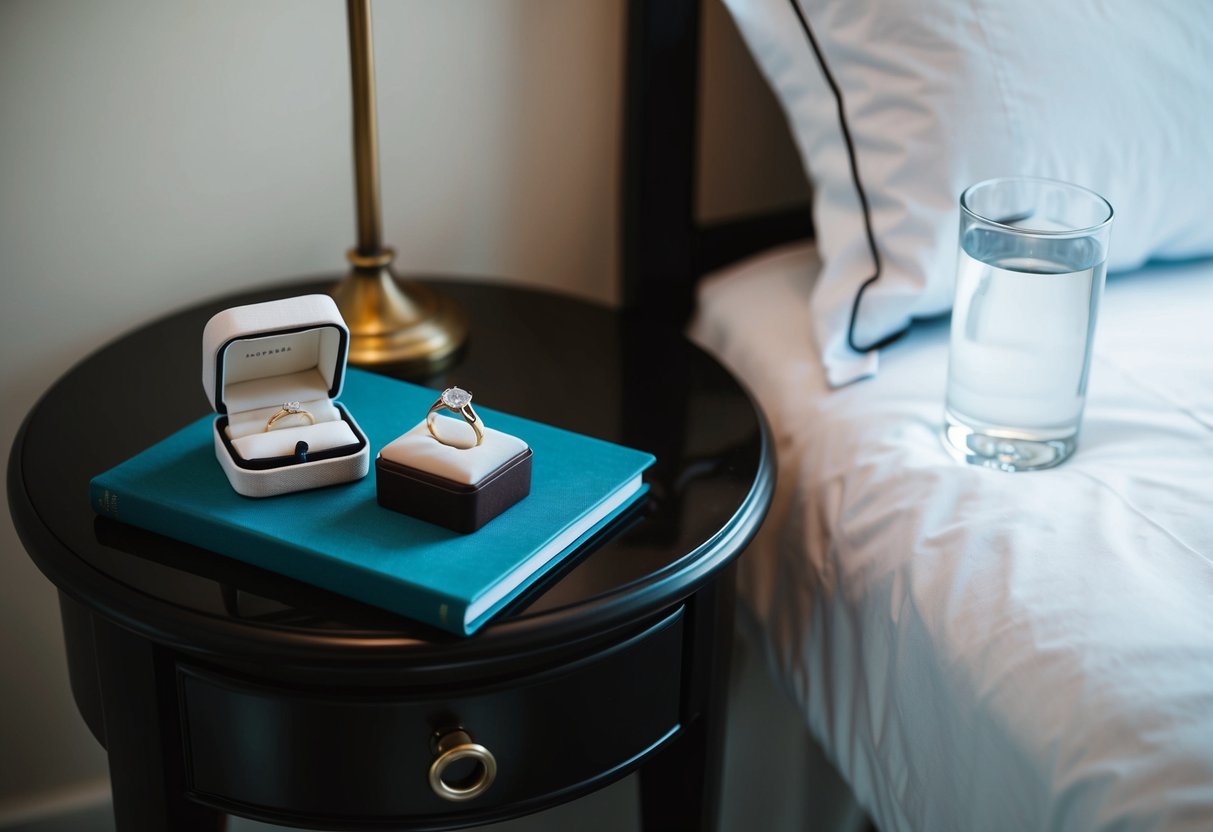 A bedside table with a wedding ring placed on top, next to a jewelry box and a glass of water