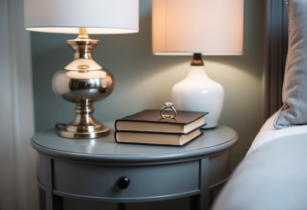A wedding ring placed on a bedside table next to a lamp and a book