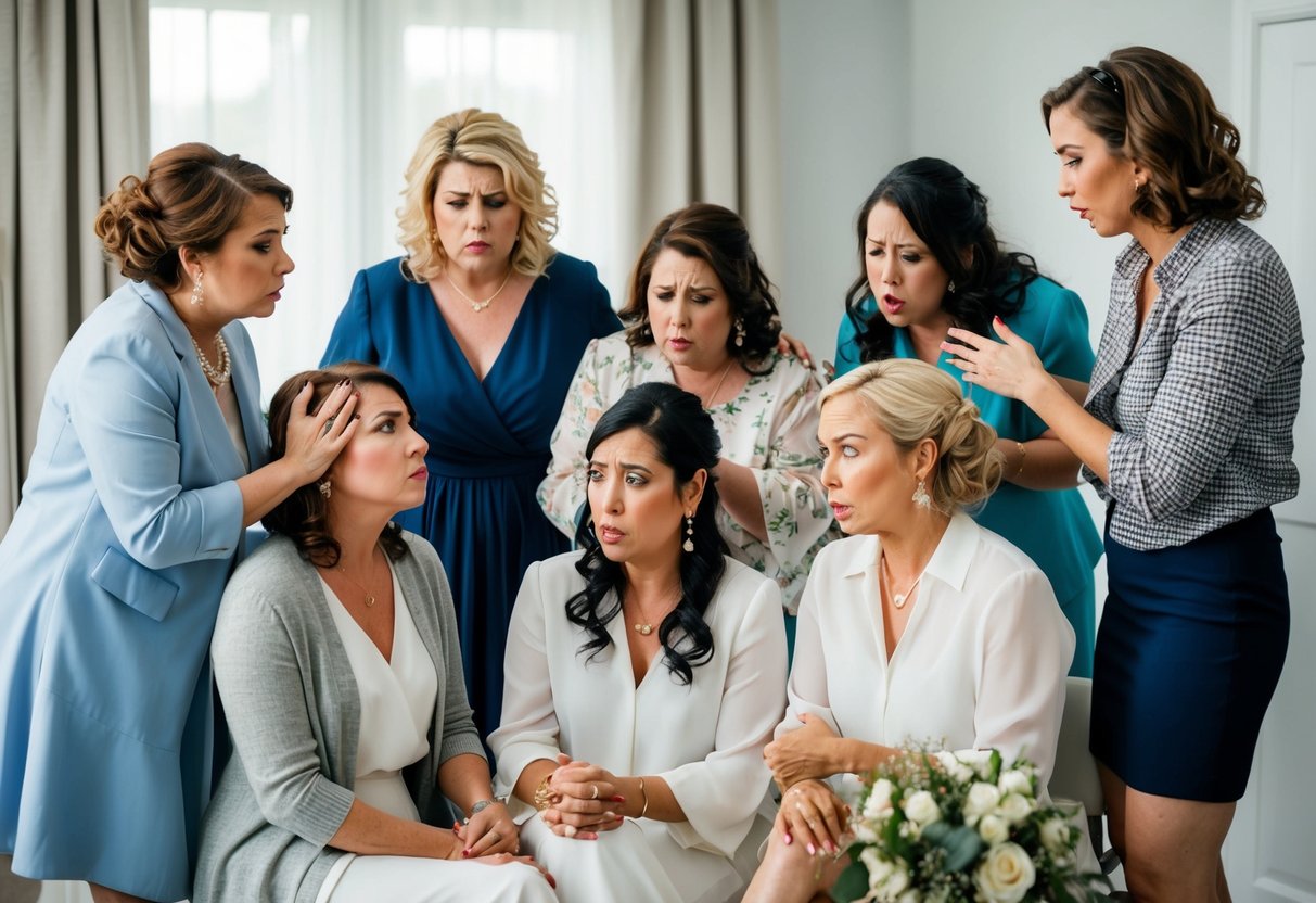 A group of women at a bridal shower, some looking disappointed, while others are consoling them. The bride-to-be is awkwardly trying to explain her decision