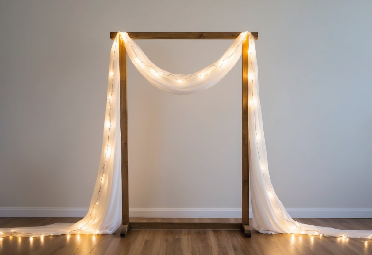 A wooden frame stands upright, draped with flowing white fabric. Twinkling fairy lights are woven through the fabric, creating a soft, romantic glow