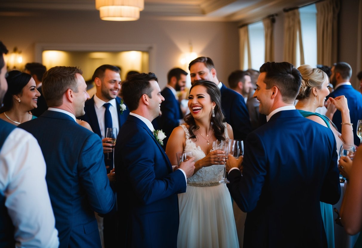 Wedding guests mingle in a dimly lit room, glasses clinking and laughter filling the air. Some guests change into more casual attire for the after party