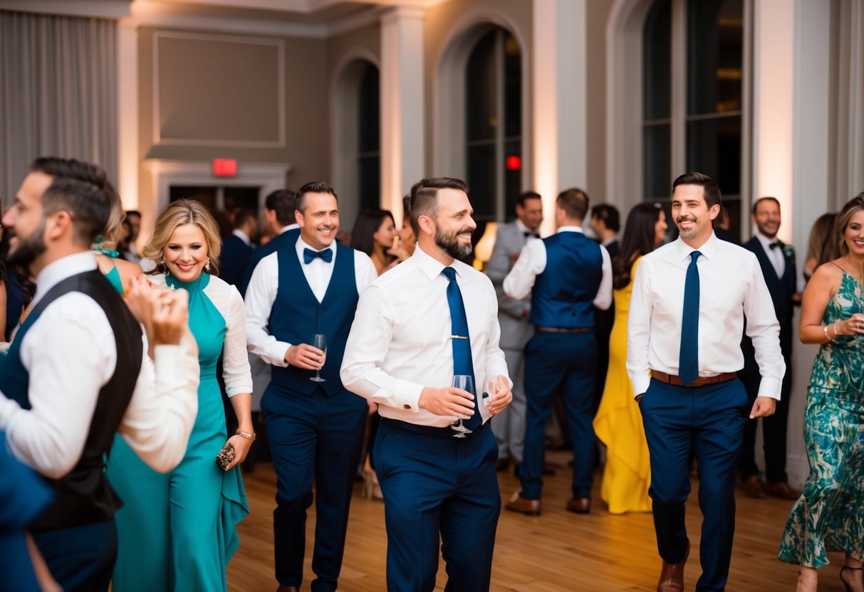 Guests transition from elegant reception to lively after-party. Attire becomes more casual, ties are loosened, and heels are swapped for comfortable shoes