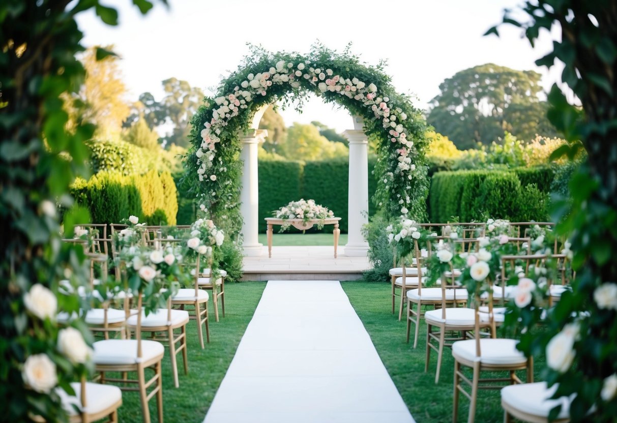 A lush garden with a grand archway adorned with flowers and greenery, creating a romantic and picturesque backdrop for a wedding ceremony