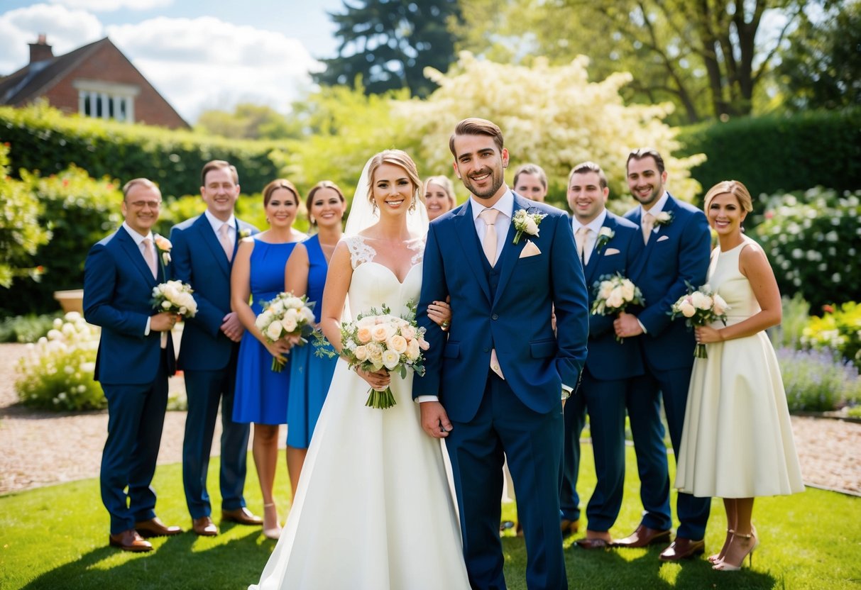 A bride and groom stand in a garden, surrounded by their wedding party, all smiling and dressed in formal attire. The sun is shining and there are flowers in bloom