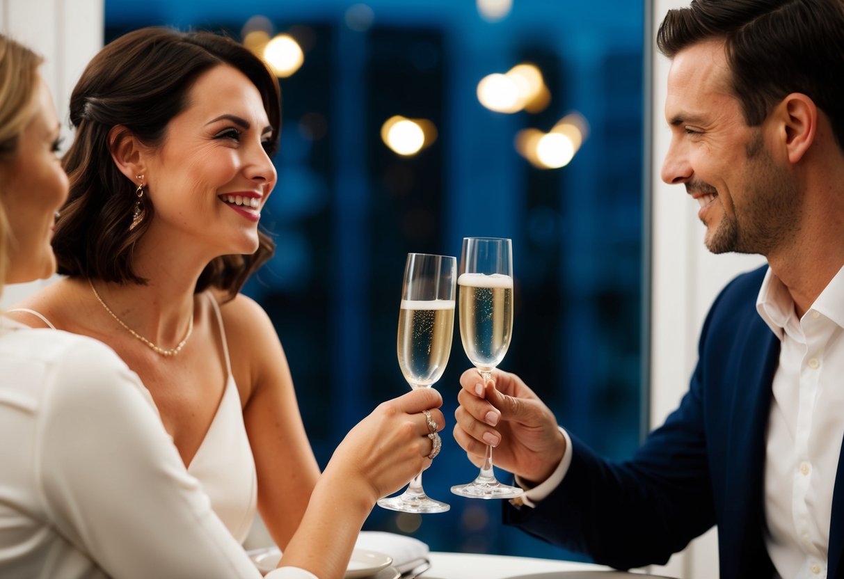 A couple sits at a table, toasting with champagne, as the woman admires a sparkling anniversary ring on her finger