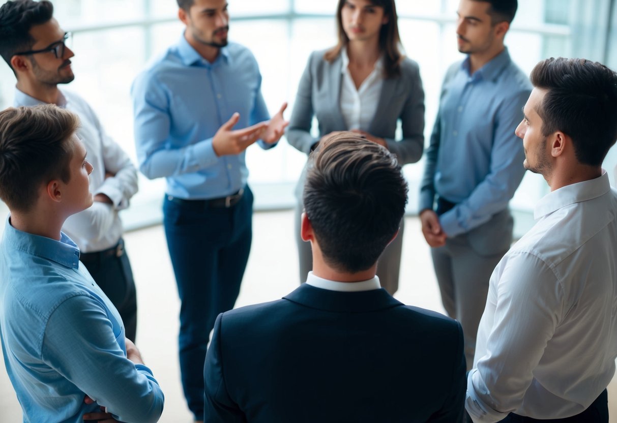 A group of figures standing in a circle, one figure appearing to ask the others a question while the others listen attentively