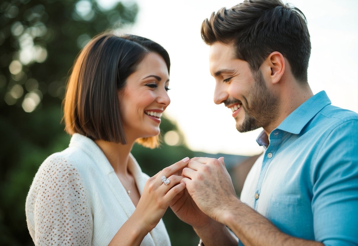A couple celebrating their anniversary, exchanging rings